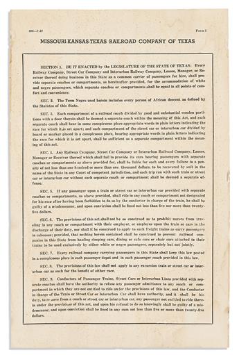 (CIVIL RIGHTS--SEGREGATION.) The Texas railroad segregation law, printed for display on the Missouri-Kansas-Texas Railroad.